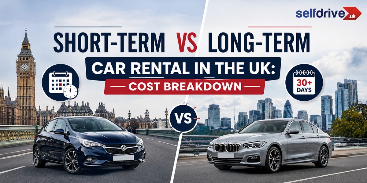 Image compares short-term vs long-term car rental in the UK. Left shows a black car in front of Big Ben for short-term, right shows a silver car with a city skyline for long-term.
